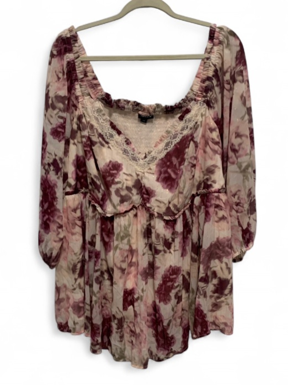 Torrid Feminine Floral Lace-Trim Long Sleeve Peasant Blouse